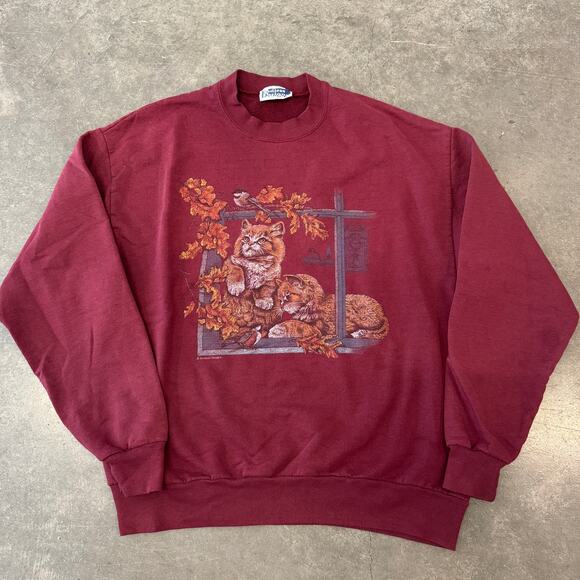 Vintage Tops - Vintage Y2K Kitten Spring Floral Maroon Crewneck Sweatshirt Longsleeve Medium